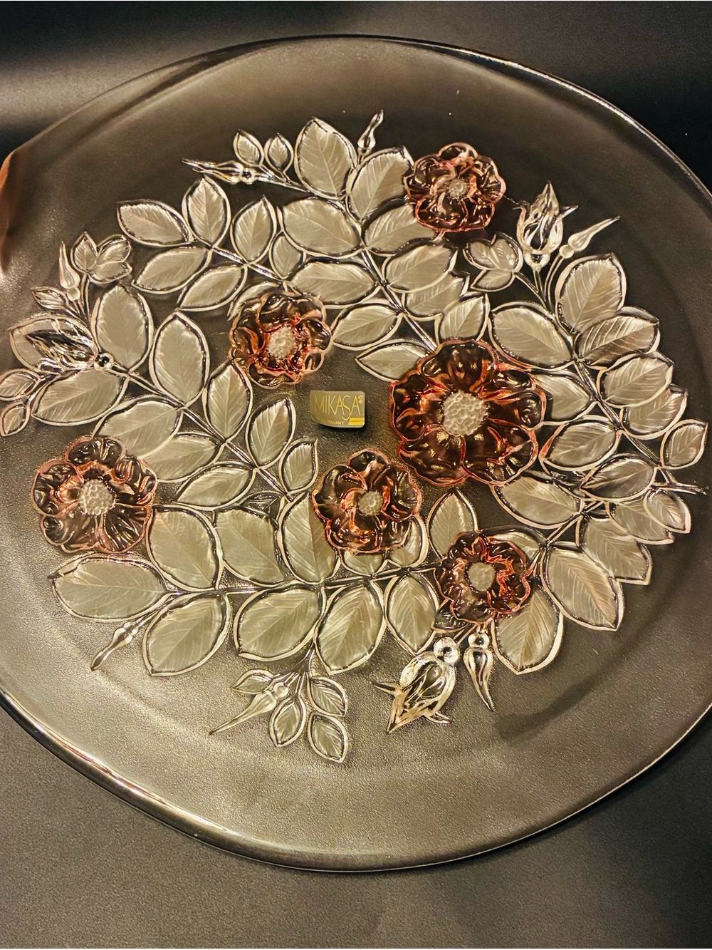 Vintage Mikasa Rosella Walther Pink Glass Platter With Frosted and Pink Flowers